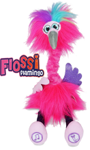 Load image into Gallery viewer, Flossi the Flamingo is the fantastically Sassi Flamingo that your little one will love to dance and sing with.  She dances and swirls when you press one of her feet.  Press and hold the other foot to talk to her, it will record your voice and she will talk back, so much fun for the whole family, your little one will be laughing their head off when they get to Floss with Flossi.