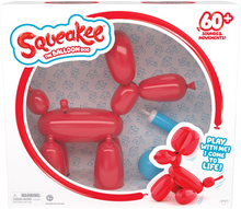 Load image into Gallery viewer, Humpty Dumpty is bursting with excitement about Squeakee the Balloon Dog, with 60 + sounds and movements, Squeakee will make you pop with excitement, this interactive pup has many features including tickling his tummy to make him happy, pop me with my pin, pet my head and I sit and stand, feed me with my pump, not to mention that I pee and fart, you can train Squeakee with his very own squeakee toy, he even responds to your voice, boxed image