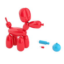 Load image into Gallery viewer, Humpty Dumpty is bursting with excitement about Squeakee the Balloon Dog, with 60 + sounds and movements, Squeakee will make you pop with excitement, this interactive pup has many features including tickling his tummy to make him happy, pop me with my pin, pet my head and I sit and stand, feed me with my pump, not to mention that I pee and fart, you can train Squeakee with his very own squeakee toy, he even responds to your voice, red balloon dog with pin and pump