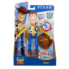Load image into Gallery viewer, Woody is brought to life! This fantastic loveable Pixar character has 15+sounds and phrases for your little ones to enjoy and pretend they are to in the movie Toy Story! Re-live your favourite movie moments with this fully articulated talking figure!