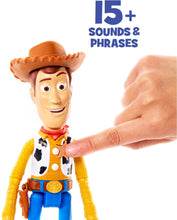 Load image into Gallery viewer, Woody is brought to life! This fantastic loveable Pixar character has 15+sounds and phrases for your little ones to enjoy and pretend they are to in the movie Toy Story! Re-live your favourite movie moments with this fully articulated talking figure!