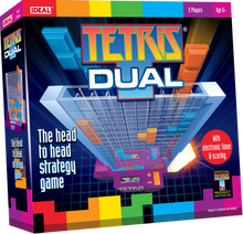 Load image into Gallery viewer, Tetris Dual is a fast head-to-head, tabletop strategy game based upon Tetris – one of the most popular electronic games of all time. The object of the game is to create the Tetrimino shapes displayed on the LCD screen, by dropping them into the play grid. Score points by placing a piece next to one of your own colour, but you can complete more points by completing a full row. Don't leave any holes or you will lose points!