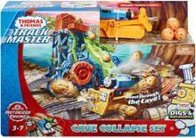 Load image into Gallery viewer, When the cave collapses and boulders crash down, Thomas and Darcy become a digging duo! Darcy knocks down the boulders as she and Thomas ride through the crumbling cave!  Thomas drops onto and powers the digger.  Turn crank to send Thomas to the top! Darcy the digger swats away falling boulders!