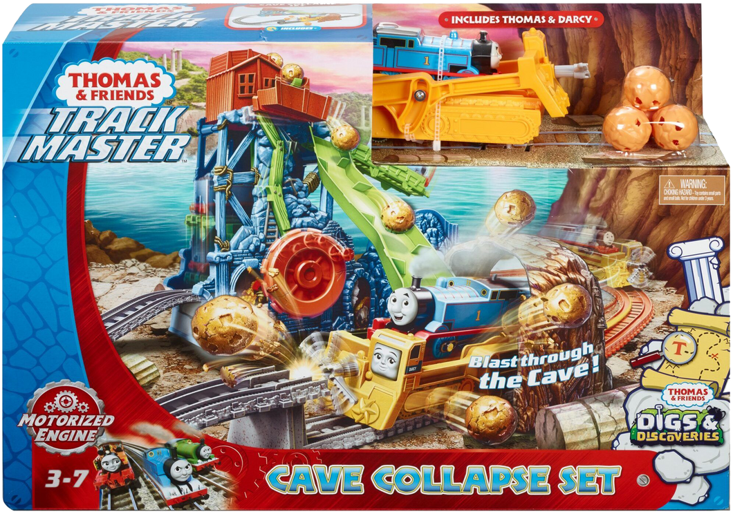 When the cave collapses and boulders crash down, Thomas and Darcy become a digging duo! Darcy knocks down the boulders as she and Thomas ride through the crumbling cave!  Thomas drops onto and powers the digger.  Turn crank to send Thomas to the top! Darcy the digger swats away falling boulders!