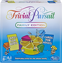 Load image into Gallery viewer, It’s the quick-play family trivia game with 2,400 questions. The fun Family Edition game of Trivial Pursuit  has cards for both kids and adults so the whole family can join in.  Gather everyone together for a brilliant gaming experience! The TRIVIAL PURSUIT FAMILY EDITION game features fresh questions and a quick pace, including the new Showdown challenge.  Play individually or in teams, taking turns moving around the board and winning wedges as you answer questions correctly.