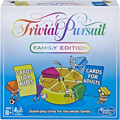 It’s the quick-play family trivia game with 2,400 questions. The fun Family Edition game of Trivial Pursuit  has cards for both kids and adults so the whole family can join in.  Gather everyone together for a brilliant gaming experience! The TRIVIAL PURSUIT FAMILY EDITION game features fresh questions and a quick pace, including the new Showdown challenge.  Play individually or in teams, taking turns moving around the board and winning wedges as you answer questions correctly.
