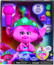 Load image into Gallery viewer, Girls will love the Poppy styling head from Trolls World Tour, they can style Poppy's hair with all the included accessories, she will have hours of fun playing with her beautiful multi-coloured hair.