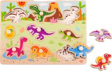 Load image into Gallery viewer, Explore the history of Dinosaurs with Tooky Toy's Wooden Dinosaur Puzzle! Brightly coloured and with 9 different dino's to learn about your child will be amused for a while whilst they play, learn and fit the dinosaurs into the slots!