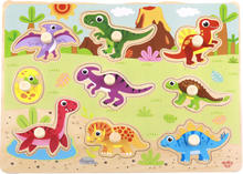 Load image into Gallery viewer, Explore the history of Dinosaurs with Tooky Toy&#39;s Wooden Dinosaur Puzzle! Brightly coloured and with 9 different dino&#39;s to learn about your child will be amused for a while whilst they play, learn and fit the dinosaurs into the slots! 

