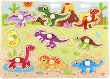Load image into Gallery viewer, Explore the history of Dinosaurs with Tooky Toy's Wooden Dinosaur Puzzle! Brightly coloured and with 9 different dino's to learn about your child will be amused for a while whilst they play, learn and fit the dinosaurs into the slots!