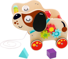 Load image into Gallery viewer, This adorable wooden pull along dog, will give your child hours of fun, this wonderful floopy eared friend is more than just a toy, your child can learn all about colours and shapes through play, this pup will keep your child entertained and educated.