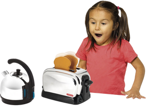Realistic Toaster and Kettle Set brought to you by Casdon, children can fill the kettle and watch the toast pop up as they pretend to be grown ups and help out in the kitchen.  This breakfast set will feel just like real life when children turn the timer knob on the toaster and push the button on the kettle.