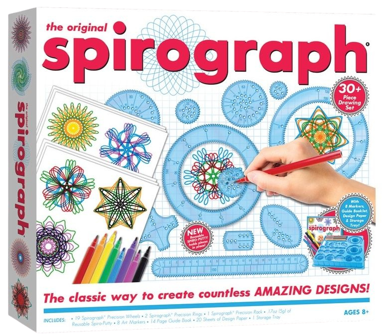 Since it was introduced in 1965, Spirograph has made in possible for aspiring artists of all ages to create beautifully intricate designs.  Originally developed as a drafting tool by a mechanical engineer named Denys Fisher, the distinctive wheels and rings of Spirograph cleverly combine the principles of art and mathematics in a way that has inspired and delighted generations.