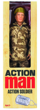Load image into Gallery viewer, Action Man retro, movable soldier from Hasbro with many distinctive features, such as the scar on his cheek, identification tag/dog tag, military camouflaged uniform, boots and beret in box
