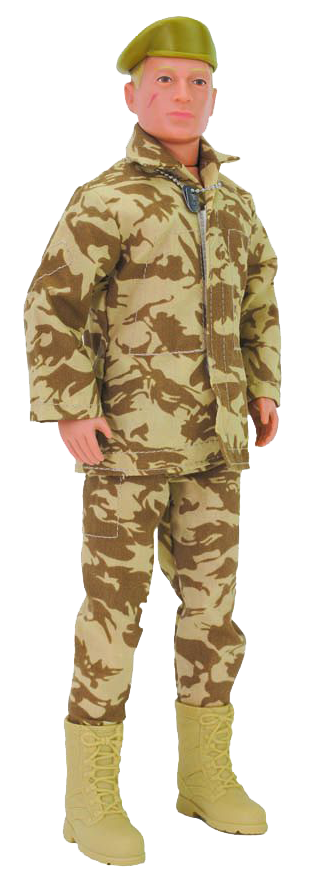 Action Man retro, movable soldier from Hasbro with many distinctive features, such as the scar on his cheek, identification tag/dog tag, military camouflaged uniform, boots and beret.