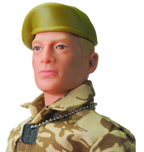 Load image into Gallery viewer, Action Man retro, movable soldier from Hasbro with many distinctive features, such as the scar on his cheek, identification tag/dog tag, military camouflaged uniform, boots and beret.  Close up of head.
