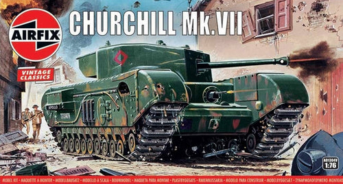 Enjoy the nostalgia of this Airfix Churchill Mk. VII, brought to you by Hornby Hobbies, this vintage classic model kit will create hours of fun.   For those of you interested in the history of the Churchill tank, it was the standard British infantry tank from 1941.  It was not fast but had heavy armor, good firepower and good cross-country performance. The Mk.VII used a 75mm gun and had increased frontal armor. It first saw service in Normandy in 1944.