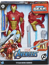 Load image into Gallery viewer, Iron Man figure brought to you by Hasbro, inspired by Marvel Comics, will be igniting children&#39;s imaginations with this classic Avengers action hero, when kids connect the Titan Hero Blast Gear launcher to this figure’s back port, they can launch projectiles!
