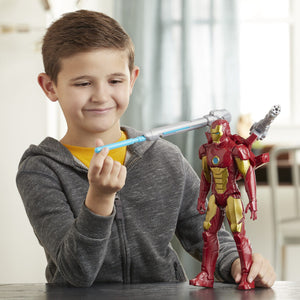 Iron Man figure brought to you by Hasbro, inspired by Marvel Comics, will be igniting children's imaginations with this classic Avengers action hero, when kids connect the Titan Hero Blast Gear launcher to this figure’s back port, they can launch projectiles!