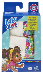 Stock up on Baby Alive Doll nappies, ready for those nappy changing fun moments with your baby alive doll (doll sold separately) Children can nurture and care for their baby, when it eats and drinks, the baby will pee and poop in their nappy and will need changing, children can pretend and be just like mummy and daddy.  Boxed image