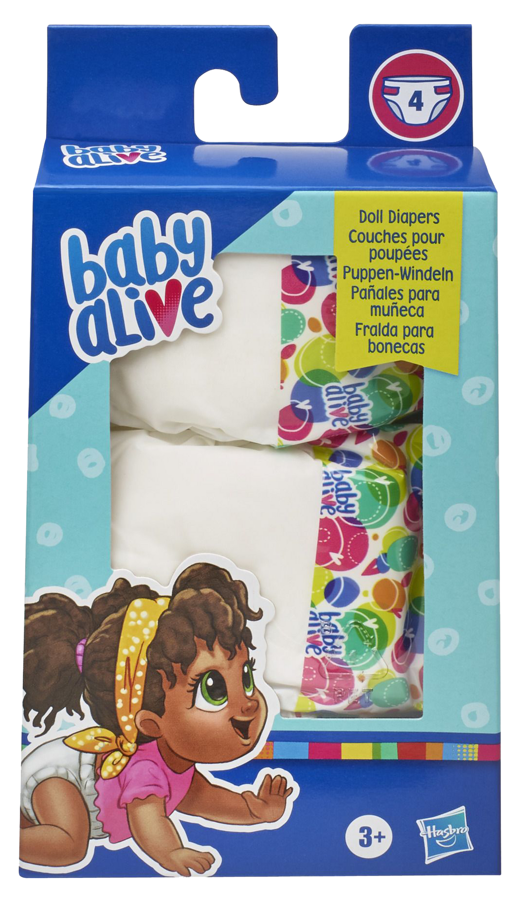 Stock up on Baby Alive Doll nappies, ready for those nappy changing fun moments with your baby alive doll (doll sold separately) Children can nurture and care for their baby, when it eats and drinks, the baby will pee and poop in their nappy and will need changing, children can pretend and be just like mummy and daddy.  Boxed image