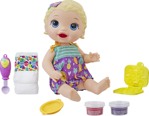 Snackin' Lily is a very cute baby with a big appetite. The reusable baby food can be fed to baby and used again and again, children can also get creative with the snack shaper and make their own snacks for baby Lily.