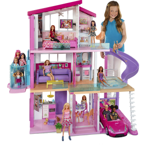 The Barbie Dreamhouse is quite literally every little girls dream! with 3 floors, 8 rooms, fully furnished, with 70 + accessories.  The Dreamhouse has an outdoor area, a rooftop pool with a slide, a working lift big enough for 4 Barbie's.
