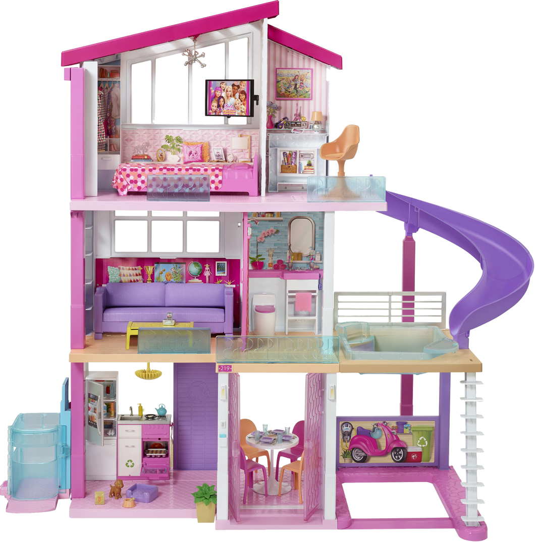 The Barbie Dreamhouse is quite literally every little girls dream! with 3 floors, 8 rooms, fully furnished, with 70 + accessories.  The Dreamhouse has an outdoor area, a rooftop pool with a slide, a working lift big enough for 4 Barbie's.