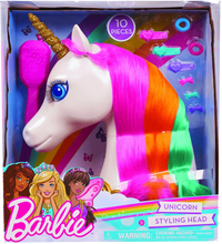 Load image into Gallery viewer, Barbie Dreamtopia Unicorn Styling head is wonderful for little ones who love to play with hair.  Every little girl loves unicorns and this one is simply beautiful with her long lashes and multi-coloured hair.  The Barbie Unicorn styling head can be twisted and tied with the clips and hair bands included in the box and her hair can be made silky smooth with the brush provided.

