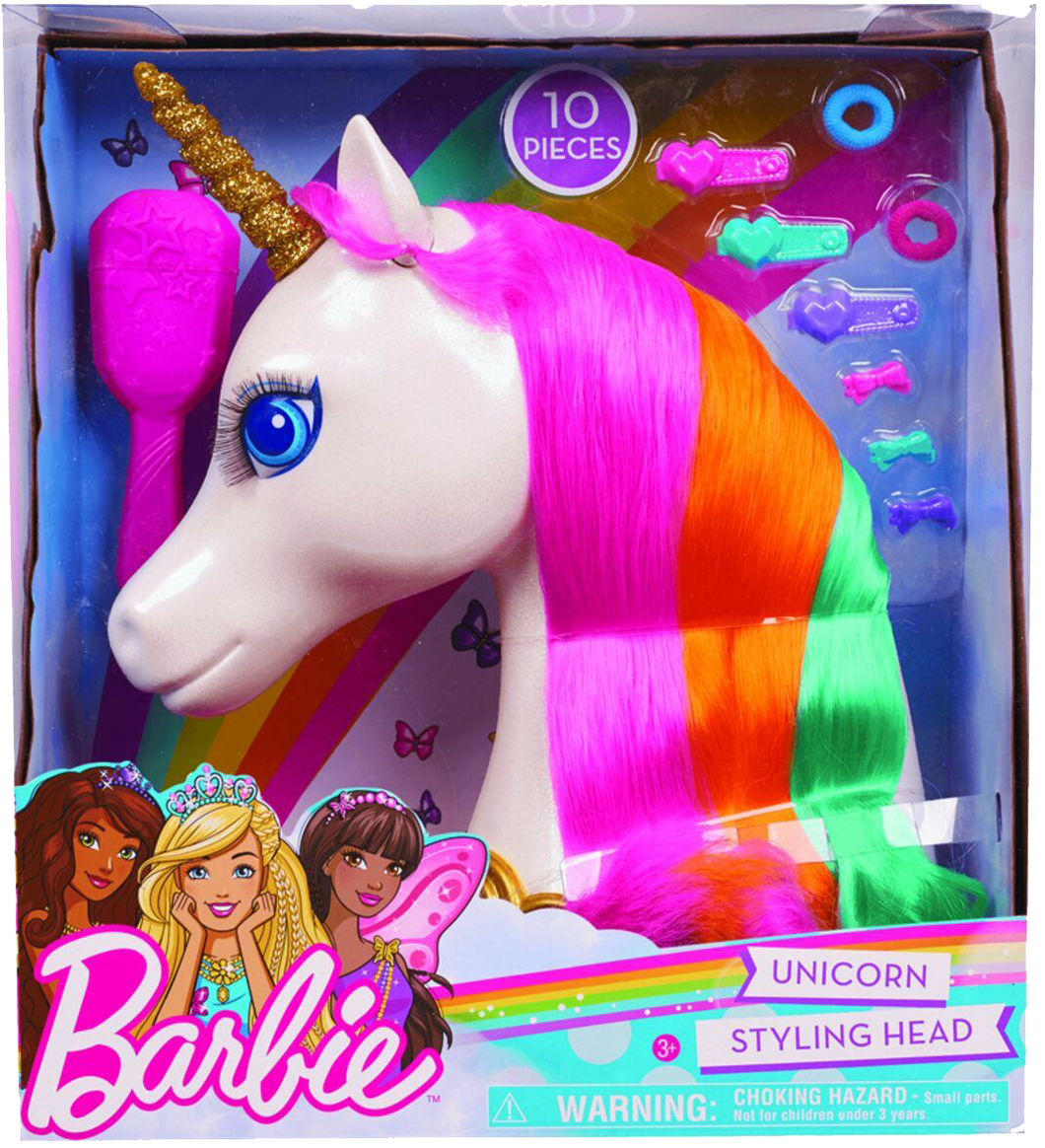 Barbie Dreamtopia Unicorn Styling head is wonderful for little ones who love to play with hair.  Every little girl loves unicorns and this one is simply beautiful with her long lashes and multi-coloured hair.  The Barbie Unicorn styling head can be twisted and tied with the clips and hair bands included in the box and her hair can be made silky smooth with the brush provided.