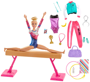 Barbie! You can be ANYTHING! with this set you can be a gymnast! Barbie can tumble, twist and turn with the balance beam and 15 + accessories, pretend you have won the Olympics and win trophies and medals, all included in the Barbie Gymnast set.  Barbie is wearing a colourful metallic leotard and she can do an outfit change with the extra outfits included with the se