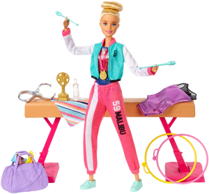 Barbie! You can be ANYTHING! with this set you can be a gymnast! Barbie can tumble, twist and turn with the balance beam and 15 + accessories, pretend you have won the Olympics and win trophies and medals, all included in the Barbie Gymnast set.  Barbie is wearing a colourful metallic leotard and she can do an outfit change with the extra outfits included with the se