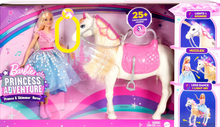 Load image into Gallery viewer, Barbie Princess Adventure with her beautiful prance and shimmer white horse, legs dance and light up to 3 x original songs, imaginations will be sent on a magical adventure, children can pretend they are a real life princess with touch-activated features like sounds, songs and realistic movements.
