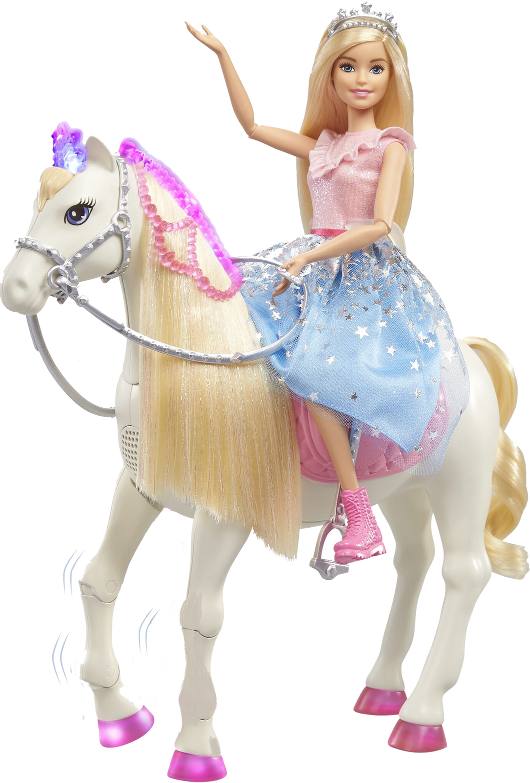 Barbie Princess Adventure with her beautiful prance and shimmer white horse, legs dance and light up to 3 x original songs, imaginations will be sent on a magical adventure, children can pretend they are a real life princess with touch-activated features like sounds, songs and realistic movements.