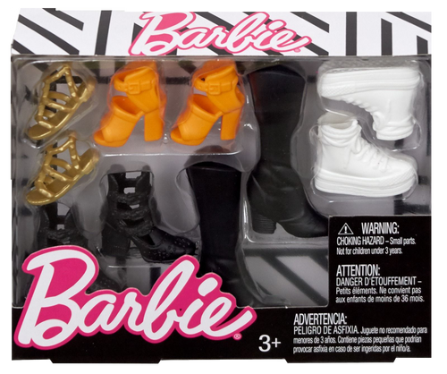 Barbie Doll loves fashionable shoes, this box contains 5 pairs of fancy shoes for your favourite Barbie, Orange Heels, Black Boots, White High Tops, Black Ankle Boots and Gold Sandals, Barbie will love having a fashion show in these beautiful shoes and showing all her Barbie friends just hoe wonderful she looks in them.