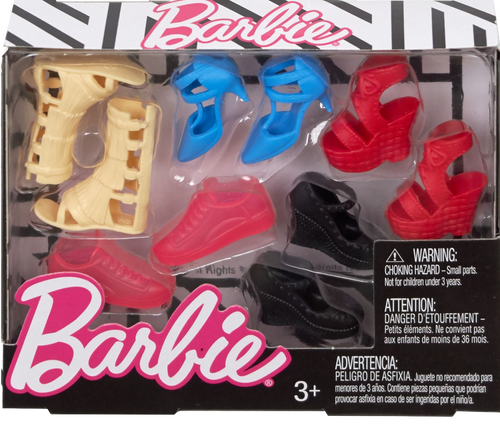 Barbie Doll loves fashionable shoes, this box contains 5 pairs of fancy shoes for your favourite Barbie, Orange Heels, Black Boots, White High Tops, Black Ankle Boots and Gold Sandals, Barbie will love having a fashion show in these beautiful shoes and showing all her Barbie friends just hoe wonderful she looks in them.