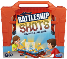 Load image into Gallery viewer, Bounce &#39;em in to sink and win! The Battleship Shots game presents a ball-tossing twist to Battleship game play. It&#39;s head-to-head competition, strategy, and excitement as players get on their feet and bounce or toss their balls over the divider to land them inside their opponent&#39;s ships! Players can amp up the suspense when they go for an immediate win by getting the red ball into their opponent&#39;s life raft. No ship is safe in this game of stealth and suspense, so position ships strategically to survive an 
