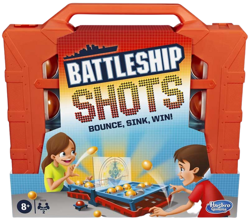 Bounce 'em in to sink and win! The Battleship Shots game presents a ball-tossing twist to Battleship game play. It's head-to-head competition, strategy, and excitement as players get on their feet and bounce or toss their balls over the divider to land them inside their opponent's ships! Players can amp up the suspense when they go for an immediate win by getting the red ball into their opponent's life raft. No ship is safe in this game of stealth and suspense, so position ships strategically to survive an 