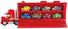 Load image into Gallery viewer, For every child that loves the Disney Pixar movie cars, they will love the Cars Mini Mack Truck Transporter, comes complete with one Lightening McQueen mini car, little ones can pretend to be Mack the truck transporting cars across the freeway, losing themselves in their imagination.
