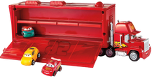 Load image into Gallery viewer, For every child that loves the Disney Pixar movie cars, they will love the Cars Mini Mack Truck Transporter, comes complete with one Lightening McQueen mini car, little ones can pretend to be Mack the truck transporting cars across the freeway, losing themselves in their imagination.
