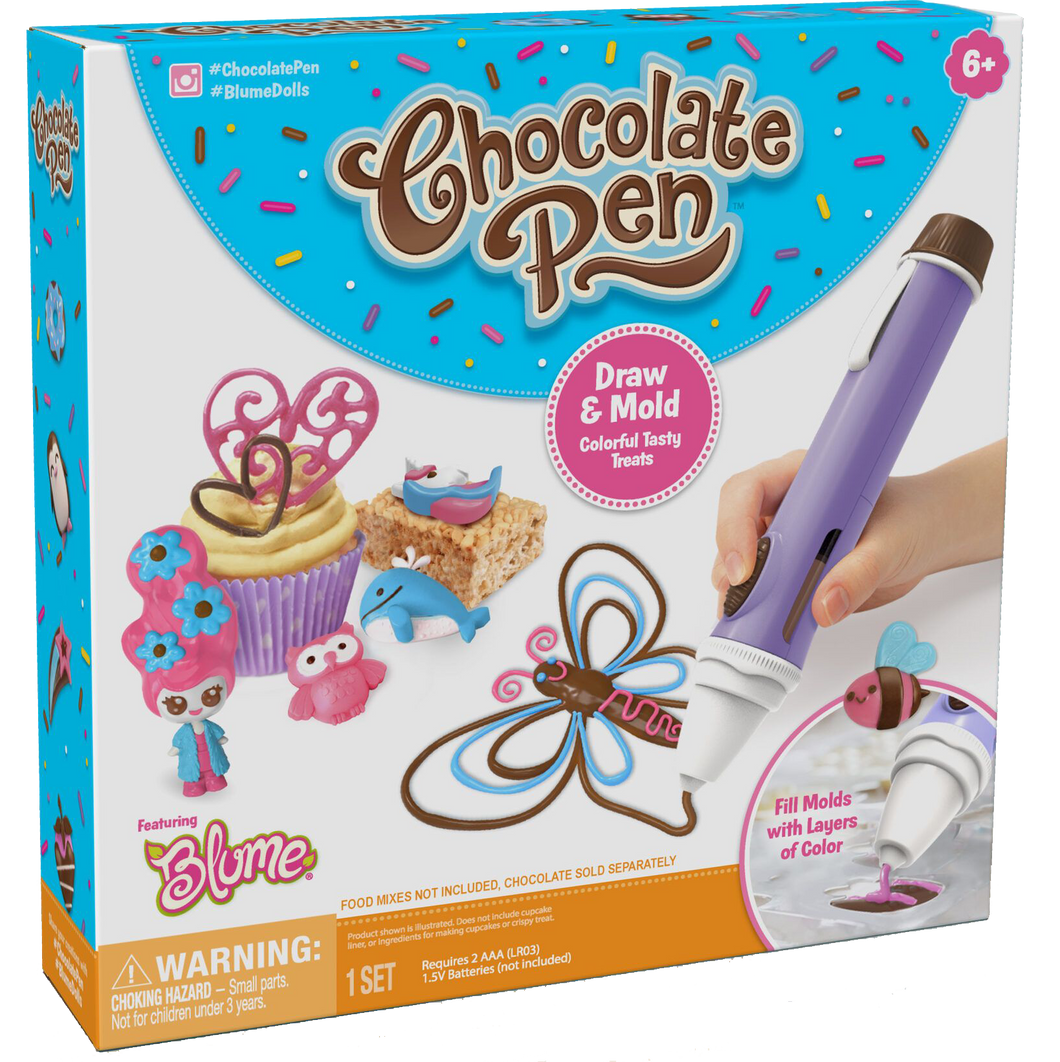 Create delicious designs with this chocolate pen featuring Blume, you can draw and mold colourful tasty treats to put on top of cupcakes, biscuits, rice crispy treats and many more, or you can simply have them on their own as a wonderful chocolate design.  Make yummy treats as gifts for your friends and family.  You can fill molds with layers of colour.  All you need to do is add the chocolate to the pen, and draw your very own chocolate designs which harden in minutes.