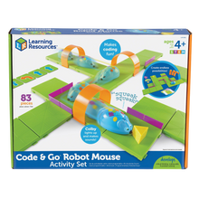 Load image into Gallery viewer, Pick an activity card with one of the challenging mazes, Build your maze, use the coding cards to create a step-by-step path, program the sequence of steps and watch Colby race to find the cheese!
