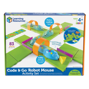 Pick an activity card with one of the challenging mazes, Build your maze, use the coding cards to create a step-by-step path, program the sequence of steps and watch Colby race to find the cheese!