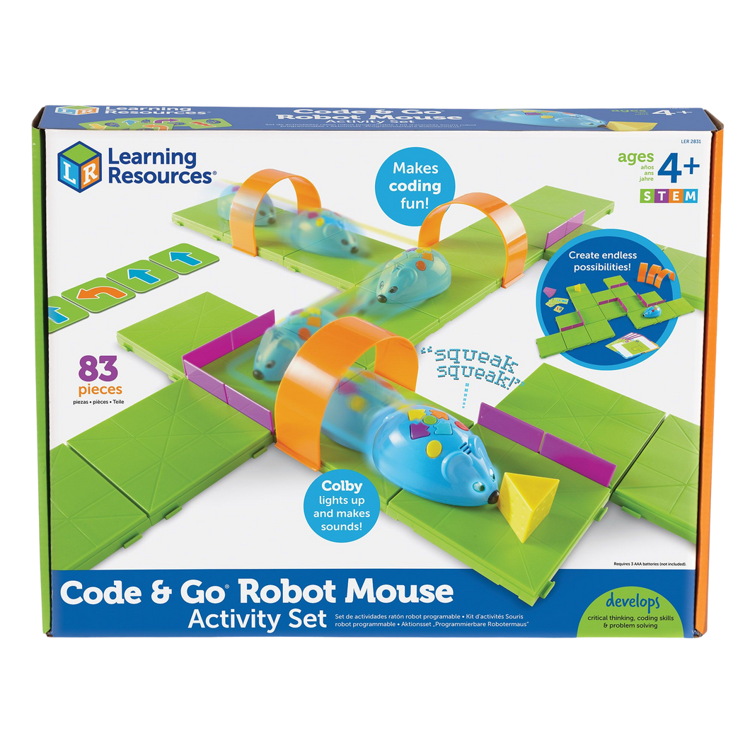 Pick an activity card with one of the challenging mazes, Build your maze, use the coding cards to create a step-by-step path, program the sequence of steps and watch Colby race to find the cheese!
