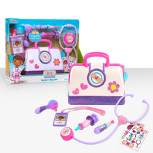 Load image into Gallery viewer, Little one&#39;s can have lots of fun pretending to be a doctor with this fun Doc McStuffin Doctor Bag Set, fantastic role play item with a light and sound stethoscope, ID card thermometer and many other items so your little one can make mummy and daddy all better! 
