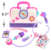 Load image into Gallery viewer, Little one&#39;s can have lots of fun pretending to be a doctor with this fun Doc McStuffin Doctor Bag Set, fantastic role play item with a light and sound stethoscope, ID card thermometer and many other items so your little one can make mummy and daddy all better! 
