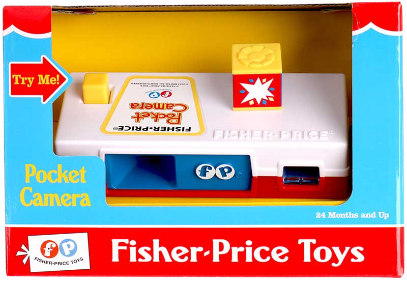 Pocket Camera, first introduced in 1974, the Fisher-Price Camera resembled popular 35mm cameras of the time.  It introduces 27 pictures of a trip to the zoo that you can see by looking trough the view  finder.  Press the cameras button to advance the pictures and make the flash cube turn automatically.