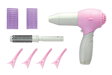 Load image into Gallery viewer, Your little one will love to use this hair dryer set to pretend to be a real life hair dresser, they can brush hair and use clips and rollers to make different styles.  He/She can decide if they need a different nozzle for the hair dryer, and choose if they would like the speed to be fast or slow, they can push the button to hear the realistic sound as the blow dry and style hair.
