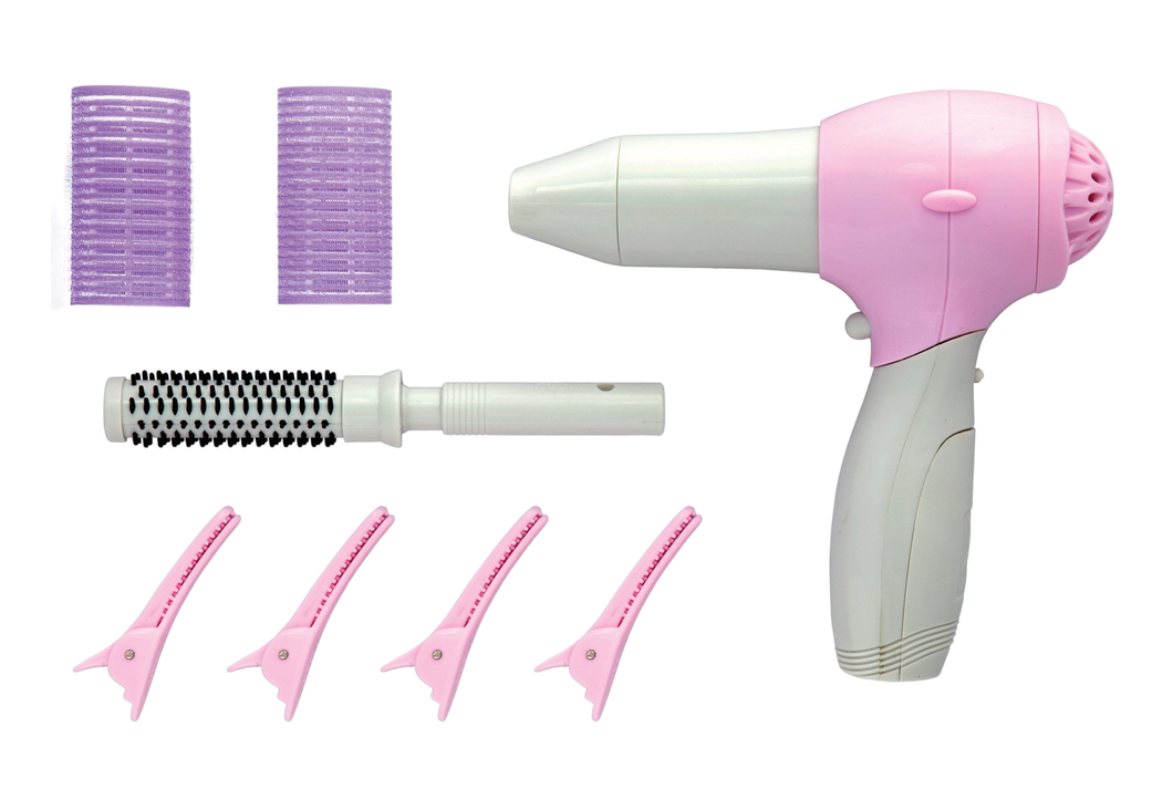 Your little one will love to use this hair dryer set to pretend to be a real life hair dresser, they can brush hair and use clips and rollers to make different styles.  He/She can decide if they need a different nozzle for the hair dryer, and choose if they would like the speed to be fast or slow, they can push the button to hear the realistic sound as the blow dry and style hair.