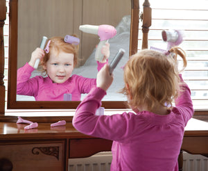 Your little one will love to use this hair dryer set to pretend to be a real life hair dresser, they can brush hair and use clips and rollers to make different styles.  He/She can decide if they need a different nozzle for the hair dryer, and choose if they would like the speed to be fast or slow, they can push the button to hear the realistic sound as the blow dry and style hair.